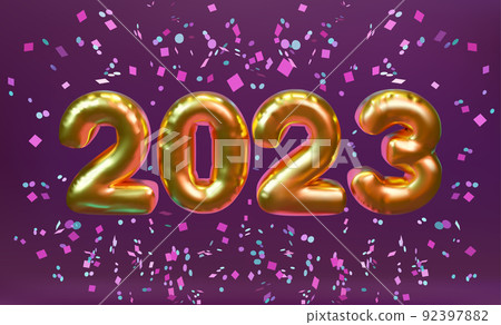 Happy new year 2023. Realistic golden foil balloons 3D. Happy new year 2023. Realistic golden foil balloons 3D. 92397882