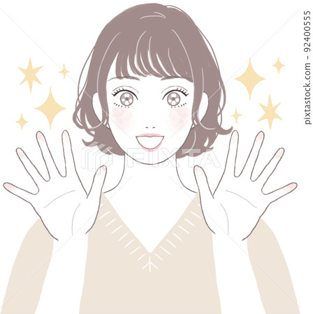 A cute woman with a short cut (perm) that makes her eyes shine. Pose ver with open hands A cute woman with a short cut (perm) that makes her eyes shine. Pose ver with open hands 92400555