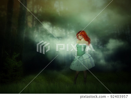 Redhead girl in foggy forest 92403957