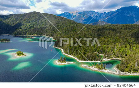 Wonderful Eibsee in Bavaria at the German Alps from above Wonderful Eibsee in Bavaria at the German Alps from above 92404664