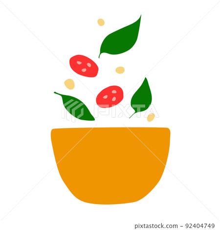 Salad bowl with flying spinach leaves, sweet corn and tomato slices, healthy food concept, vector Salad bowl with flying spinach leaves, sweet corn and tomato slices, healthy food concept, vector 92404749