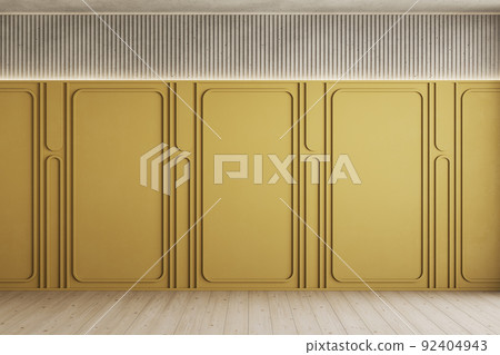 Interior with yellow wall panel and wood floor. 3d render illustration mockup. 92404943