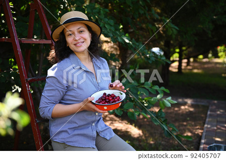 Beautiful Caucasian woman sitting on a ladder and eating sweet ripe cherries in a cherry orchard looking at camera 92405707