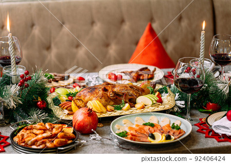 New Year festive served table with decorations New Year festive served table with decorations 92406424
