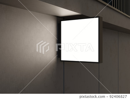 Blank signboard mock up, on the facade. Copy space for your store sign or logo. Modern empty outdoor signage, mockup to add company logo. Store Signboard. Illuminated lightbox on dark wall. 3d render. Blank signboard mock up, on the facade. Copy space for your store sign or logo. Modern empty outdoor signage, mockup to add company logo. Store Signboard. Illuminated lightbox on dark wall. 3d render. 92406827