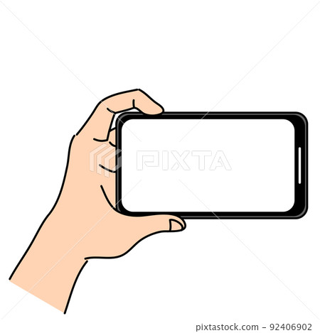Illustration of a hand holding a sideways smartphone 92406902