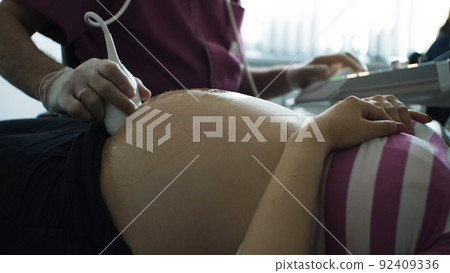 Closeup of woman on pregnancy ultrasound scan at maternity hospitalCloseup of woman on pregnancy ultrasound scan at maternity hospital 92409336