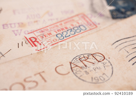 KYIV, UKRAINE, MAY 27, 2021. US Post postmark New York and Los Angeles, circa 1901 - 1907. 92410189