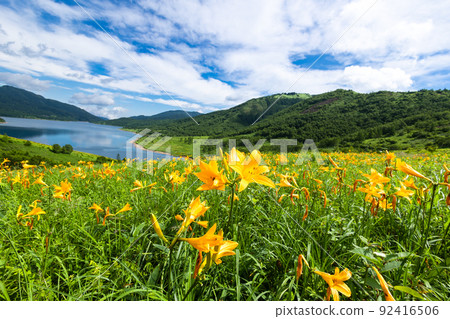 初夏的野里湖和新鮮的綠色八劍山 92416506