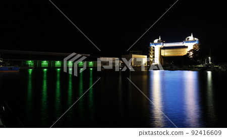 Large observatory sluice gate "Byuo" lit up in the color of the Ukrainian flag in protest of Russia's military invasion of Ukraine 92416609