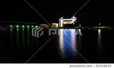 Large observatory sluice gate "Byuo" lit up in the color of the Ukrainian flag in protest of Russia's military invasion of Ukraine 92416610