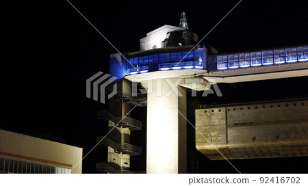 Large observatory sluice gate "Byuo" lit up in the color of the Ukrainian flag in protest of Russia's military invasion of Ukraine 92416702