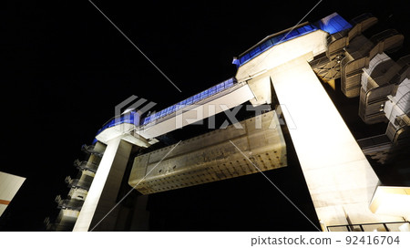 Large observatory sluice gate "Byuo" lit up in the color of the Ukrainian flag in protest of Russia's military invasion of Ukraine 92416704