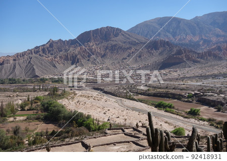 archaeologic ruins of Pucara de tilcara, in Jujuy, Argentina. desert landscape on Andes mountains archaeologic ruins of Pucara de tilcara, in Jujuy, Argentina. desert landscape on Andes mountains 92418931