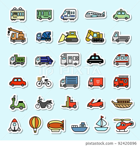 Sticker-style vehicle icon set (light blue background) 92420896