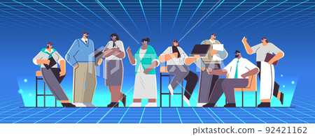 businesspeople wear digital glasses business people discussing during vr meeting vision headset innovation businesspeople wear digital glasses business people discussing during vr meeting vision headset innovation 92421162