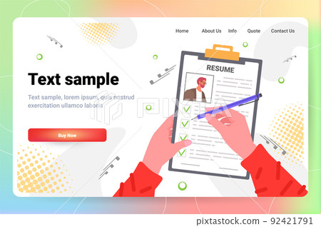 hr manager choosing cv portfolio writing green chackmarks on job candidate resume horizontal hr manager choosing cv portfolio writing green chackmarks on job candidate resume horizontal 92421791