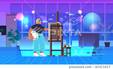 woman artist wear virtual digital glasses painting picture vr vision headset innovation creative hobby concept woman artist wear virtual digital glasses painting picture vr vision headset innovation creative hobby concept 92421817