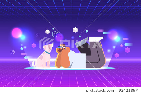 man in digital glasseslying with virtual dog vr vision headset innovation concept man in digital glasseslying with virtual dog vr vision headset innovation concept 92421867