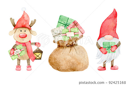 Adorable Christmas Gnome and deer, scandinavian elf with giftbox, watercolor illustration on an isolated white background 92425168