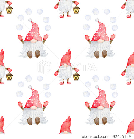 Watercolor Christmas gnome Seamless Pattern, wrapping paper on white background Watercolor Christmas gnome Seamless Pattern, wrapping paper on white background 92425169