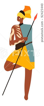 African warrior with spear, male character vector 92425440