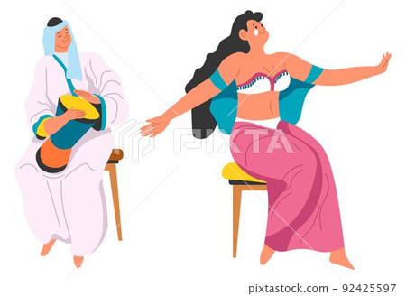 Arabic culture, dancer and musician duo vector 92425597