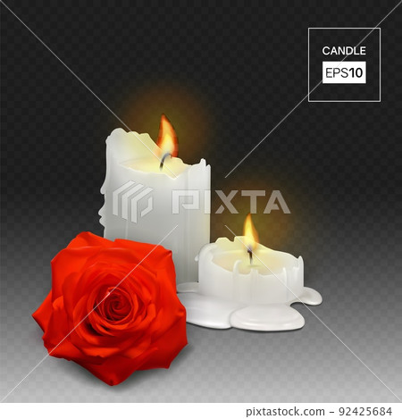 Realistic candles and rosebud on a transparent background. 92425684