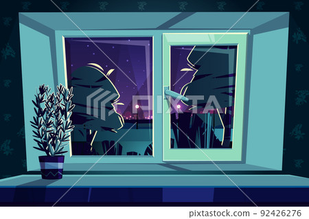 Vector window at night, rosemary on sill 92426276