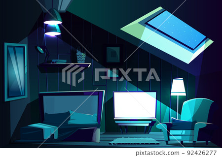 Vector attic room at night. Cartoon garret 92426277