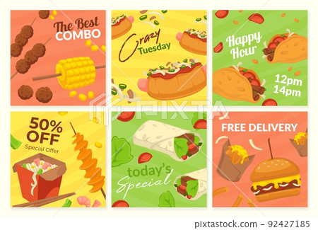 Restaurant food offer at social media post set Restaurant food offer at social media post set 92427185