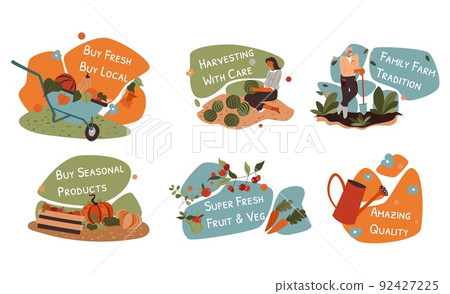 Family farm produce concept at sticker design set Family farm produce concept at sticker design set 92427225