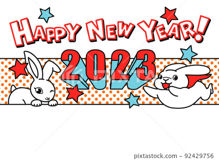 2023: American comic-style New Year's card of a hero rabbit running with a smile and a winking rabbit 2023: American comic-style New Year's card of a hero rabbit running with a smile and a winking rabbit 92429756