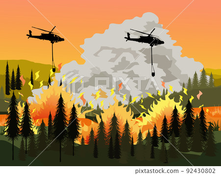 Helicopters are operating to extinguish a burning forest fire with mountains and orange skies in the background. Helicopters are operating to extinguish a burning forest fire with mountains and orange skies in the background. 92430802