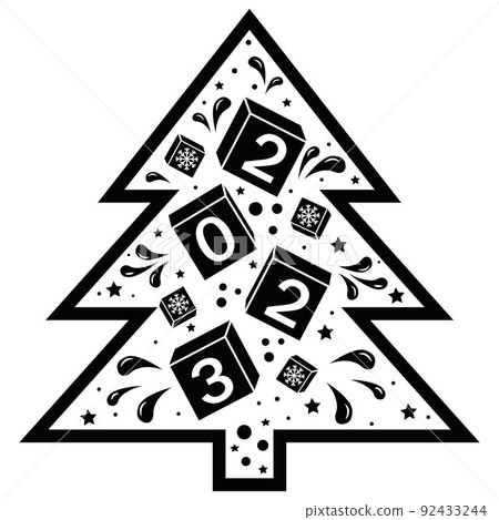 Christmas tree with 2023 and pattern, vector illustration black template 92433244