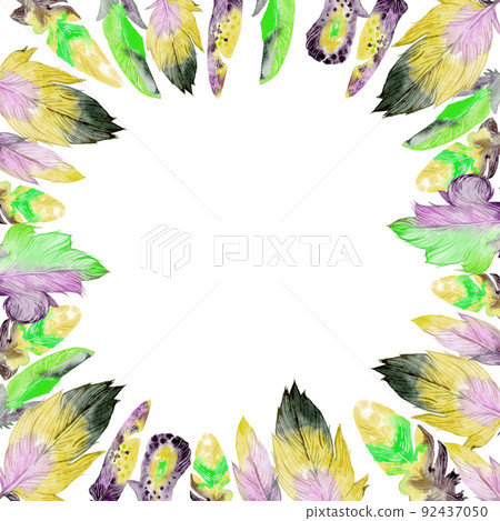 Feathers. Vintage square frame in boho style. Watercolor hand drawn illustration 92437050