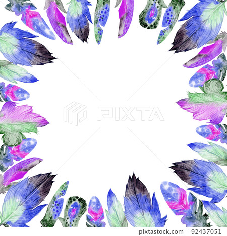 Feathers. Vintage square frame in boho style. Watercolor hand drawn illustration Feathers. Vintage square frame in boho style. Watercolor hand drawn illustration 92437051