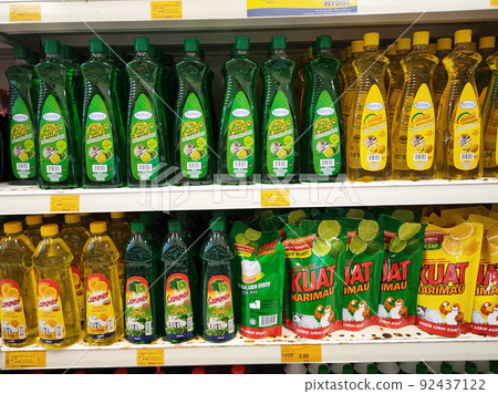 SELANGOR, MALAYSIA -APRIL 7, 2022: A variety of dishwashing liquids are displayed on a sales shelf. Have a price tag to make it easier for customers to choose. Separated by brand. 92437122