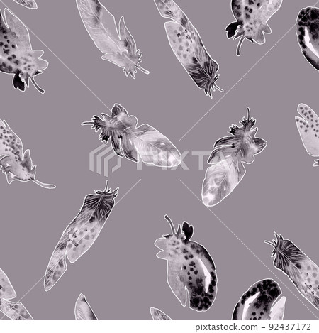 Watercolor birds feathers pattern. Seamless texture with hand drawn feathers on gray background Watercolor birds feathers pattern. Seamless texture with hand drawn feathers on gray background 92437172