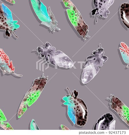 Watercolor birds feathers pattern. Seamless texture with hand drawn feathers on gray background Watercolor birds feathers pattern. Seamless texture with hand drawn feathers on gray background 92437173