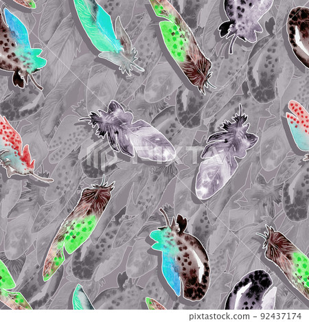 Watercolor birds feathers pattern. Seamless texture with hand drawn feathers on gray background Watercolor birds feathers pattern. Seamless texture with hand drawn feathers on gray background 92437174