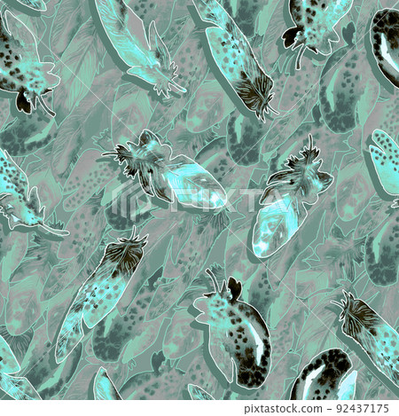 Watercolor birds feathers pattern. Seamless texture with hand drawn feathers on green background 92437175