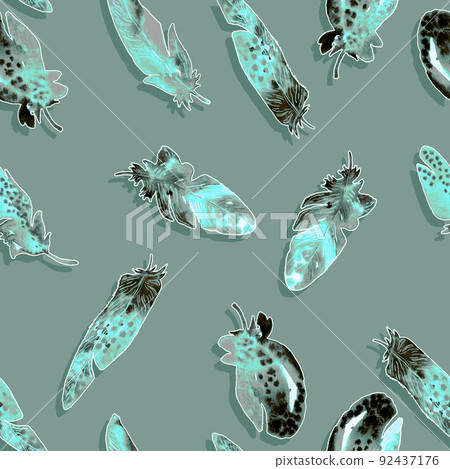 Watercolor birds feathers pattern. Seamless texture with hand drawn feathers on green background 92437176
