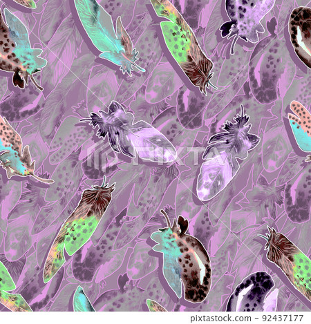 Watercolor birds feathers pattern. Seamless texture with hand drawn feathers on purple background Watercolor birds feathers pattern. Seamless texture with hand drawn feathers on purple background 92437177