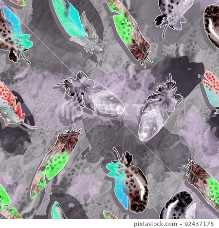 Watercolor birds feathers pattern. Seamless texture with hand drawn feathers on purple background 92437178