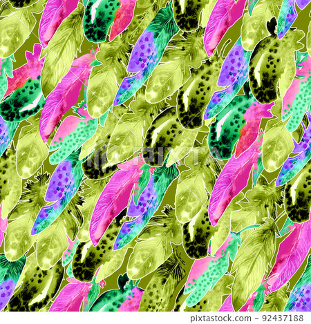 Watercolor birds feathers pattern. Seamless texture with hand drawn bright feathers 92437188