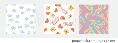 Set of retro 1970s seamless pattern. Floral, swirl, mushrooms, peace symbol, camomile, smile. Set of retro 1970s seamless pattern. Floral, swirl, mushrooms, peace symbol, camomile, smile. 92437366