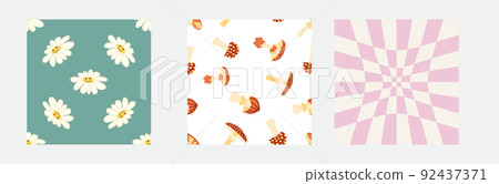 Set of retro 70s seamless pattern. Floral, swirl, mushrooms, peace symbol, camomile, smile. Clockwork design in the style of the seventies. Set of retro 70s seamless pattern. Floral, swirl, mushrooms, peace symbol, camomile, smile. Clockwork design in the style of the seventies. 92437371