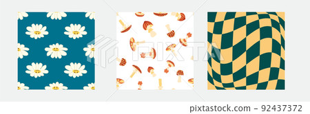 Set of retro 70s seamless pattern. Floral, swirl, mushrooms, peace symbol, camomile, smile. Clockwork design in the style of the seventies. 92437372