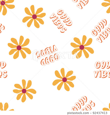 Love heart, daisies, waves of positivity retro 70s seamless pattern. Yellow, orange, red scattered heart shapes on a swirling background Love heart, daisies, waves of positivity retro 70s seamless pattern. Yellow, orange, red scattered heart shapes on a swirling background 92437413